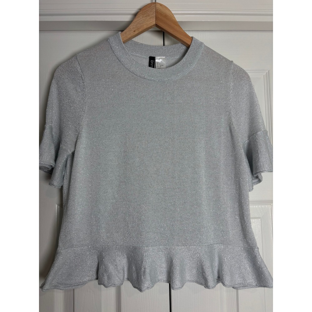 H&M Divided Silver Metallic Ruffle Peplum Knit Top Short Sleeve Small
